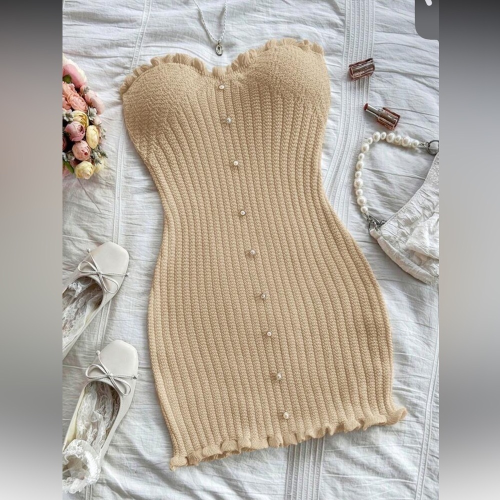 Cream Ribbed Bustier Bodycon Dress/Swimsuit Coverup